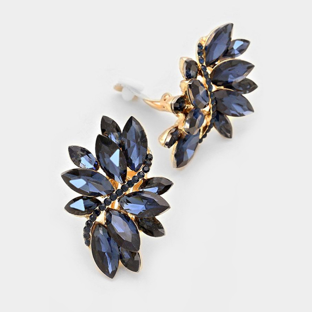 Navy Blue Marquise Crystal Clip On Earrings 15 Inch Swirl Leaf Clipons Gold 30$